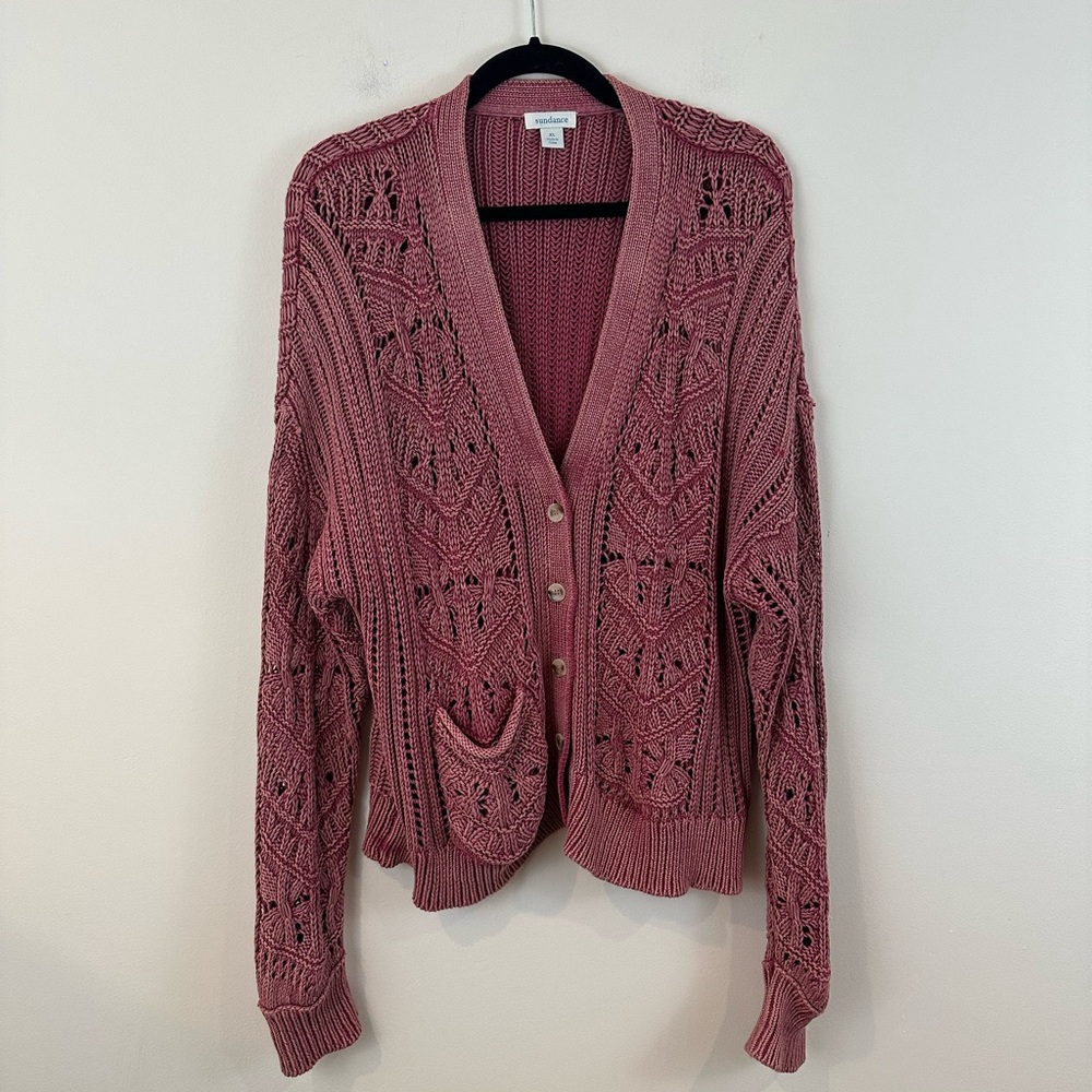 Sundance Rose Openwork Crochet Button-Front Cardigan Size XL Women's